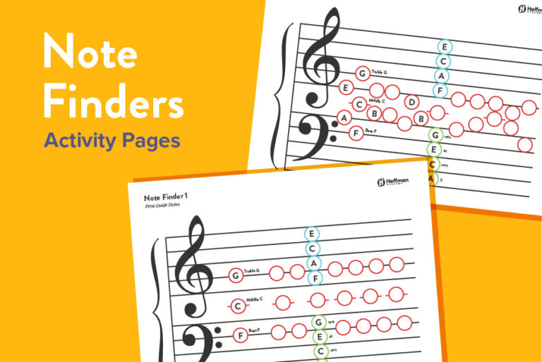Music note finder activity pages for piano learners.