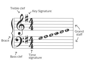 Key Signature and time signature in the Key of G Major.