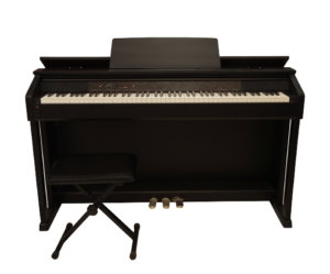 a photograph of an electric piano with stand