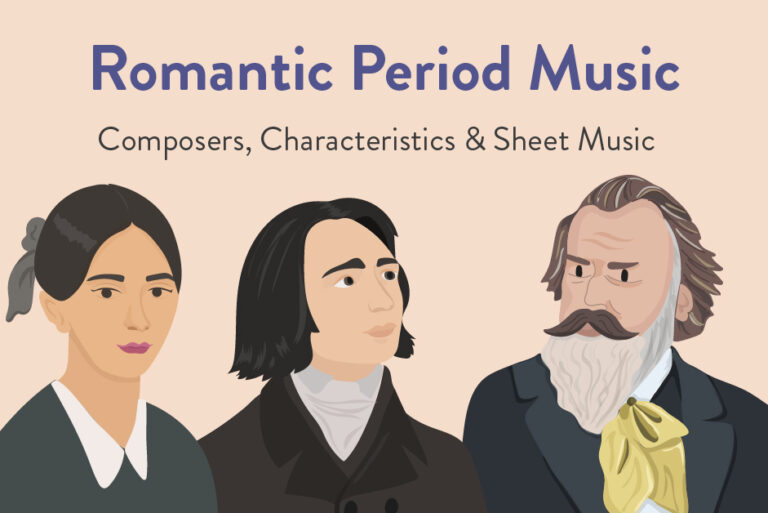 Illustrated characters of romantic period composers Clara Schumann, Franz Liszt, and Johannes Brahms