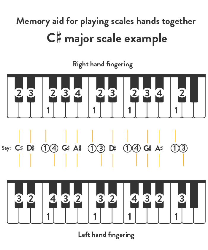 Memory aid for playing scales hands together C-sharp major scale example