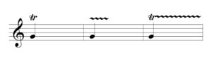 Images shows three types of trills over the note treble clef G. First image shows tr. above the note. Second image is marked with a wavy line. Third image is marked with tr. followed by a wavy line.