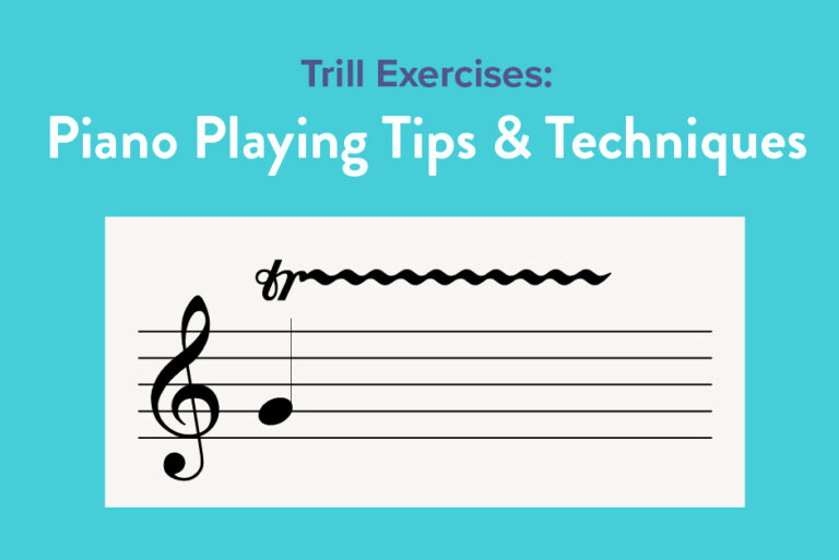Image says "Trill Exercises: Piano Playing Tips & Techniques" followed by image of treble clef G marked with tr. and a wavy line.