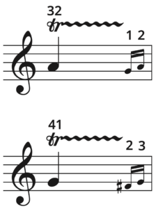 Two examples of a trill with grace notes. First image shows trill over a treble clef A with grace notes G and A following. Second image shows trill over G with grace notes F# and G following