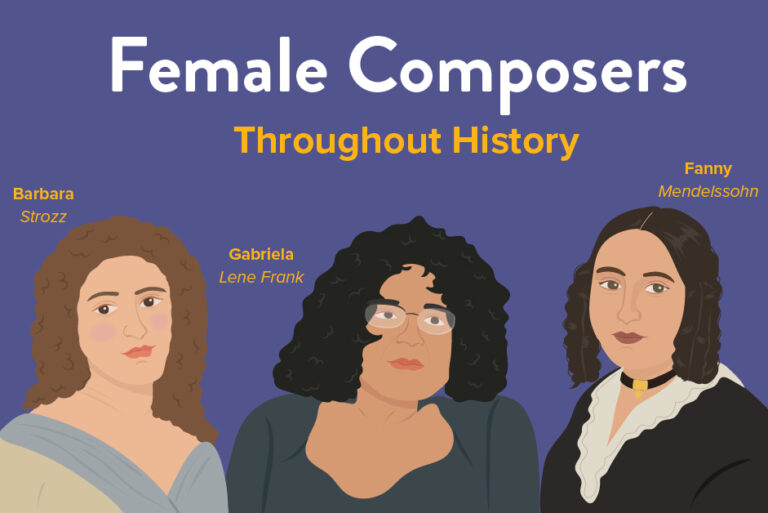 Image contains illustrations of Barbara Strozz, Gabriela Lene Frank, and Fanny Mendelssohn